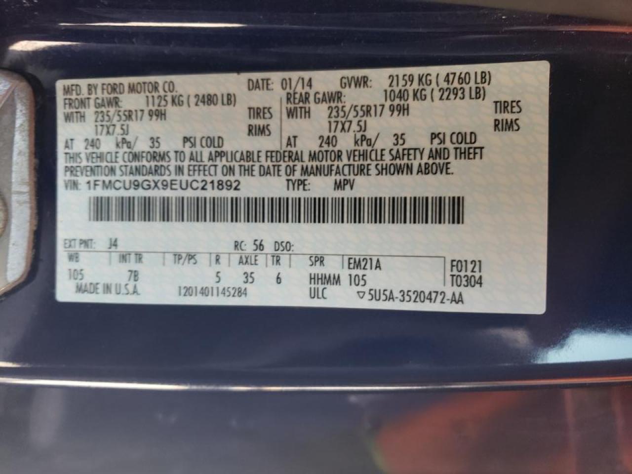 Photo 10 from auction – 2014 FORD ESCAPE SE with VIN 1FMCU9GX9EUC21892