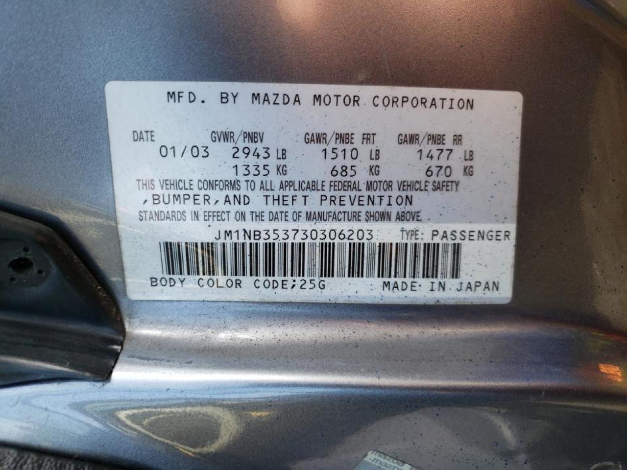 Photo 10 from auction – 2003 MAZDA MIATA with VIN JM1NB353730306203