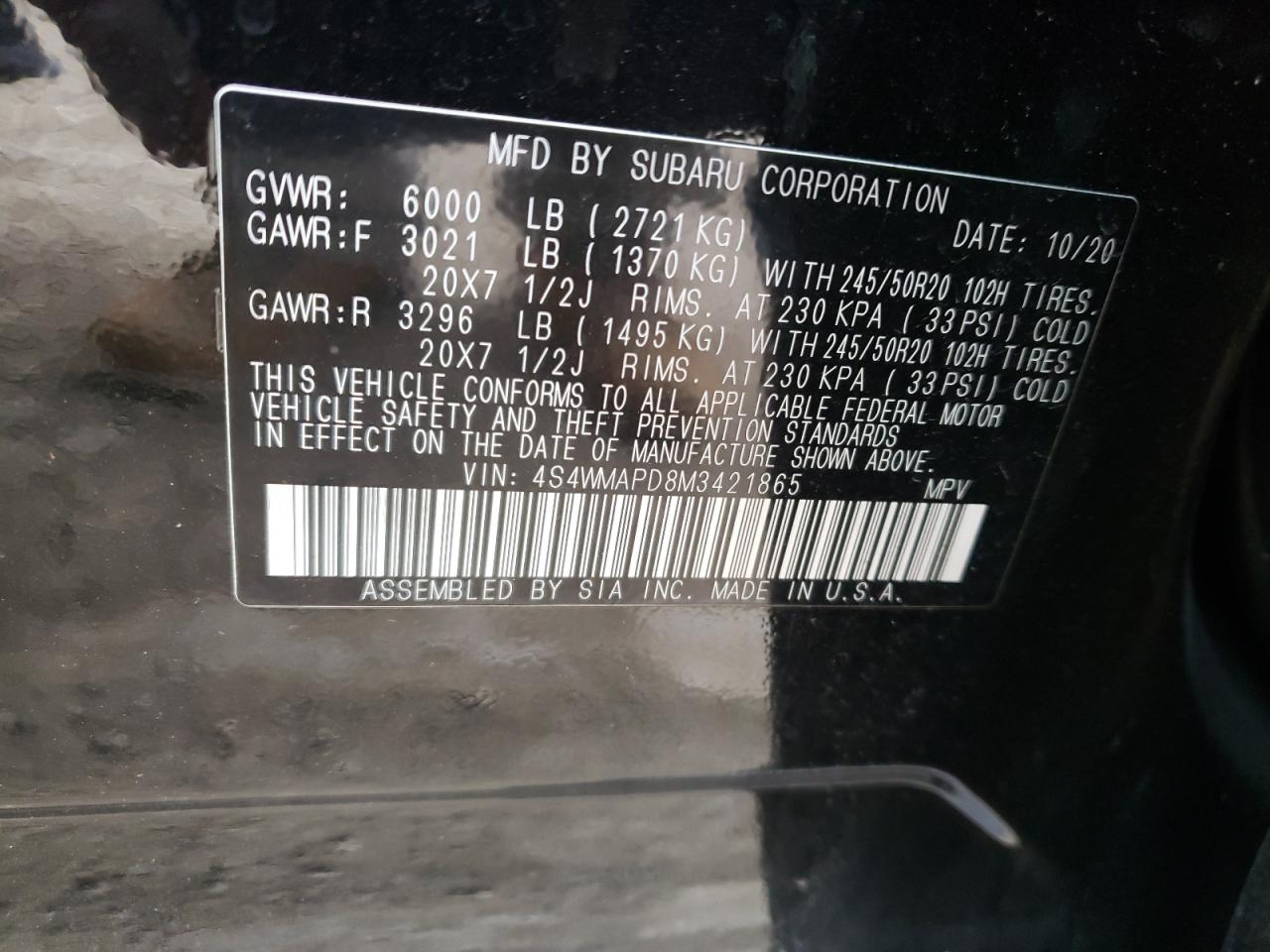 Photo 10 from auction – 2021 SUBARU ASCENT LIM with VIN 4S4WMAPD8M3421865