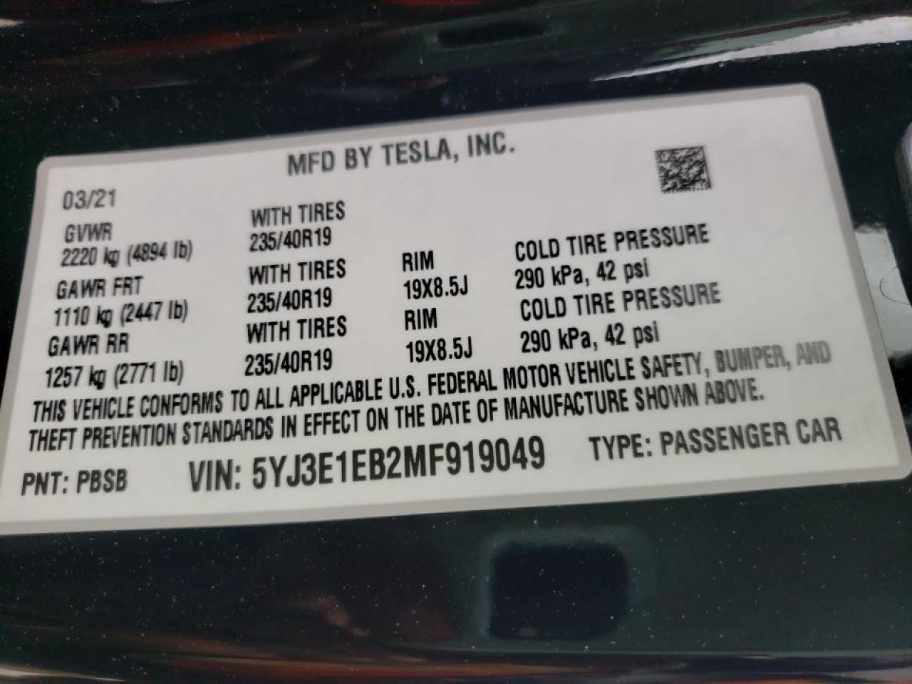 Photo 10 from auction – 2021 TESLA MODEL 3 with VIN 5YJ3E1EB2MF919049
