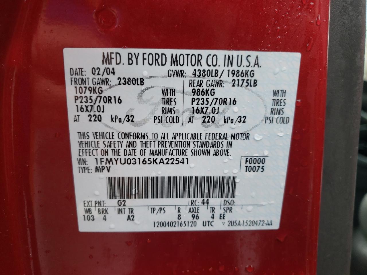 Photo 10 from auction – 2004 FORD ESCAPE XLT with VIN 1FMYU03165KA22541