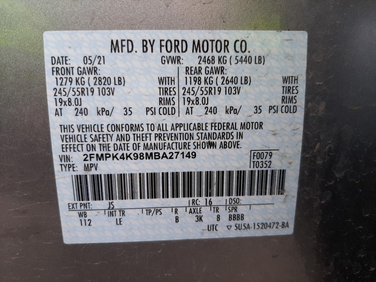 Photo 10 from auction – 2021 FORD EDGE TITAN with VIN 2FMPK4K98MBA27149