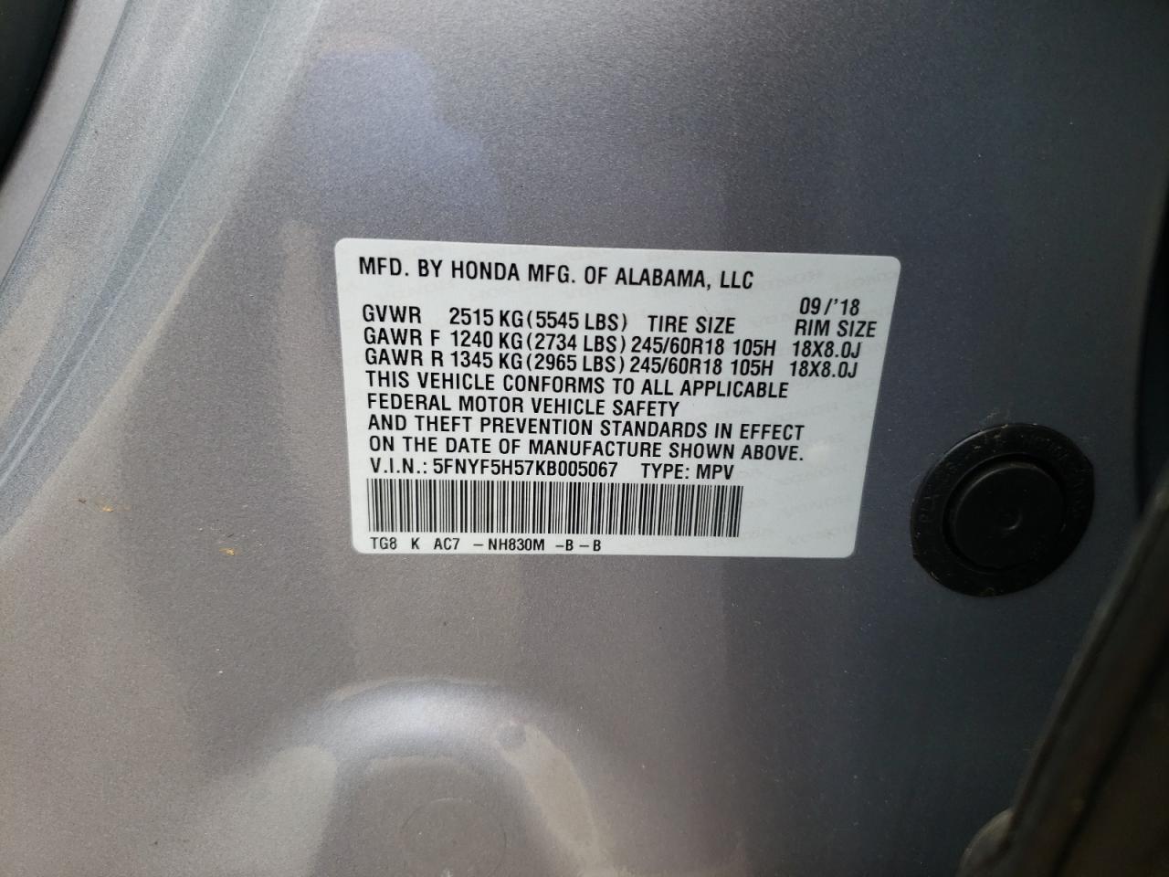 Photo 10 from auction – 2019 HONDA PILOT EXL with VIN 5FNYF5H57KB005067