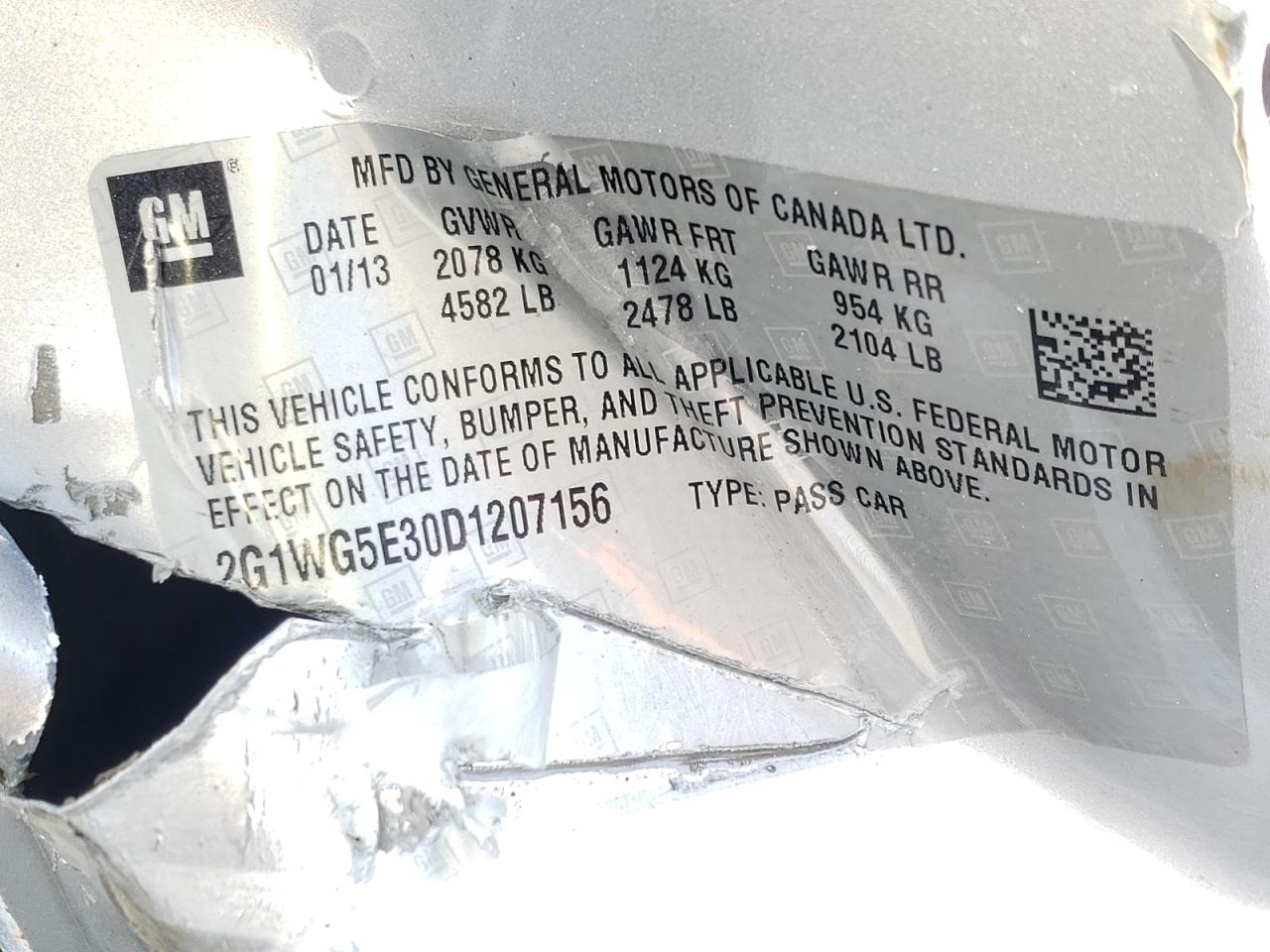 Photo 10 from auction – 2013 CHEVROLET IMPALA LT with VIN 2G1WG5E30D1207156