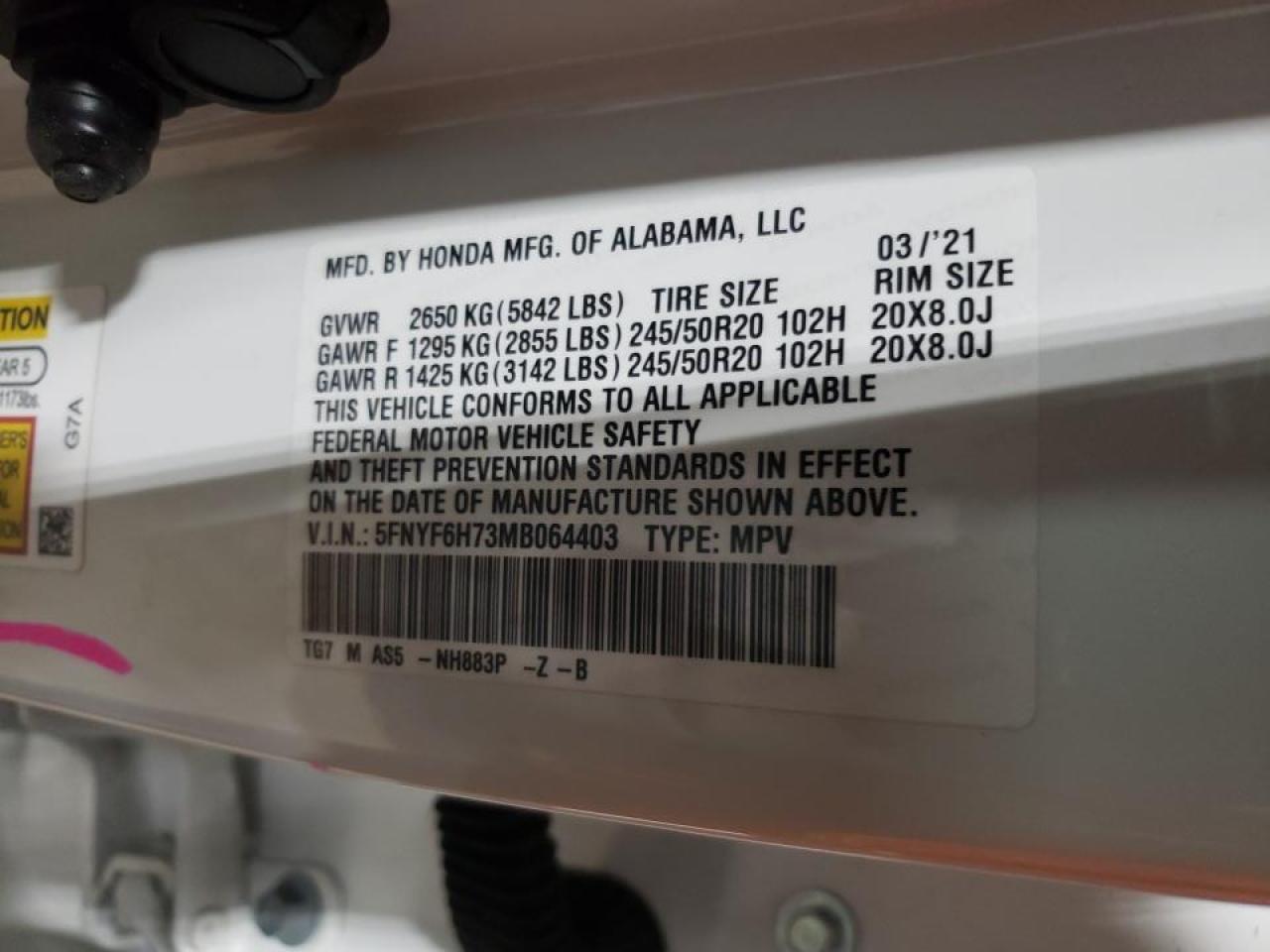 Photo 10 from auction – 2021 HONDA PILOT BLAC with VIN 5FNYF6H73MB064403