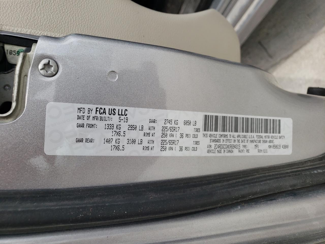 Photo 10 from auction – 2019 DODGE GRAND CARA with VIN 2C4RDGCGXKR694315