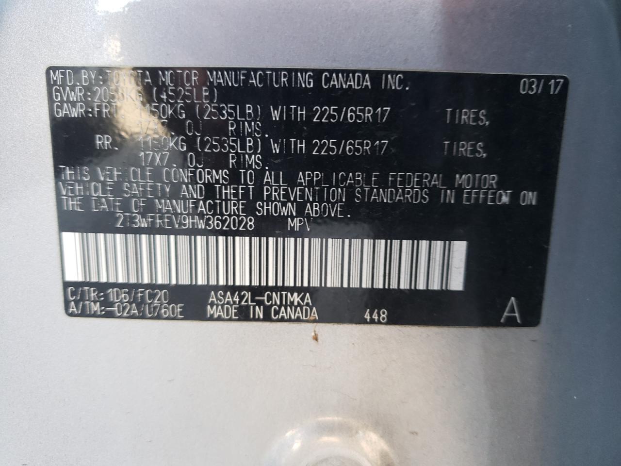 Photo 10 from auction – 2017 TOYOTA RAV4 XLE with VIN 2T3WFREV9HW362028