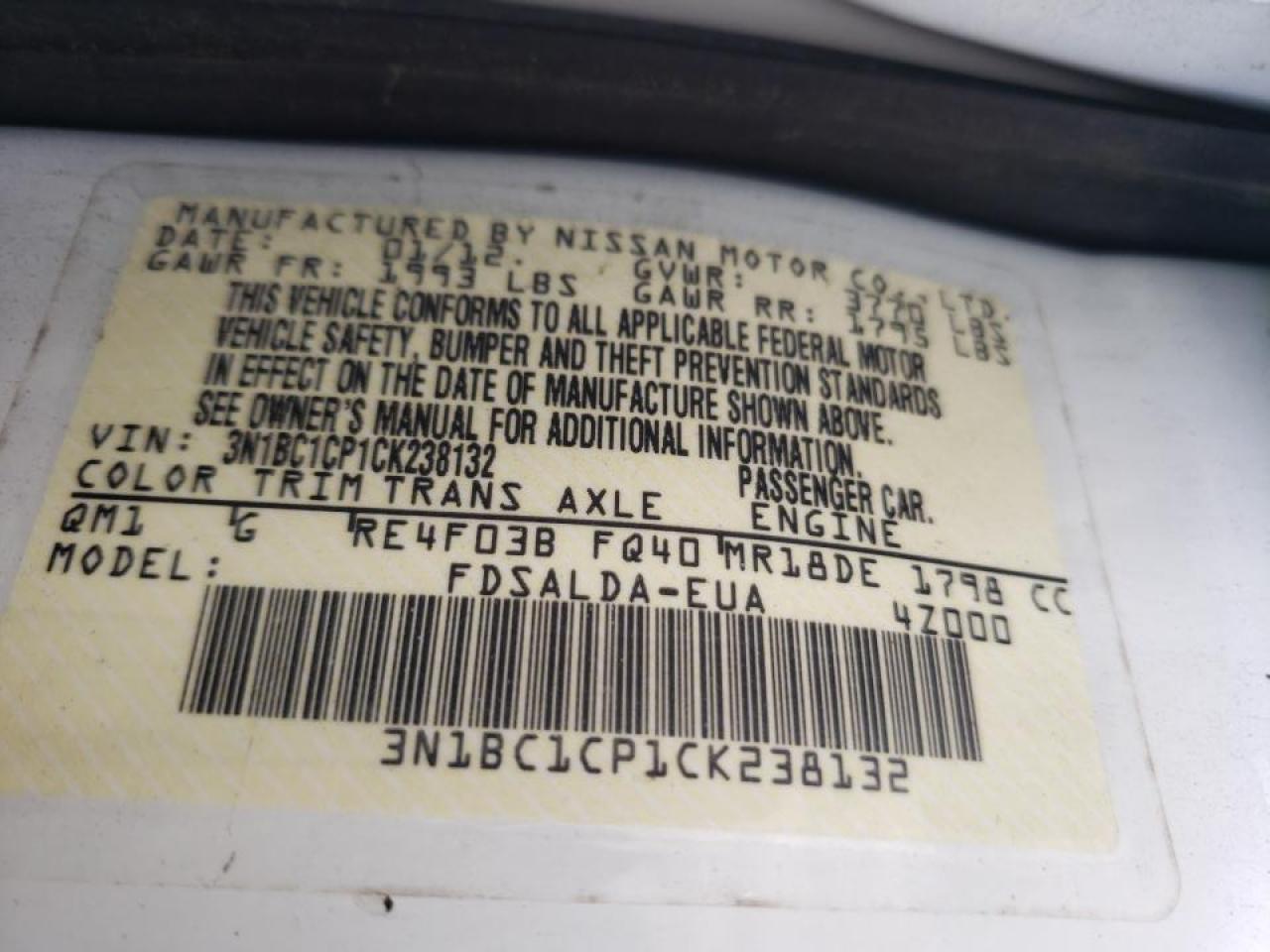 Photo 10 from auction – 2012 NISSAN VERSA S with VIN 3N1BC1CP1CK238132