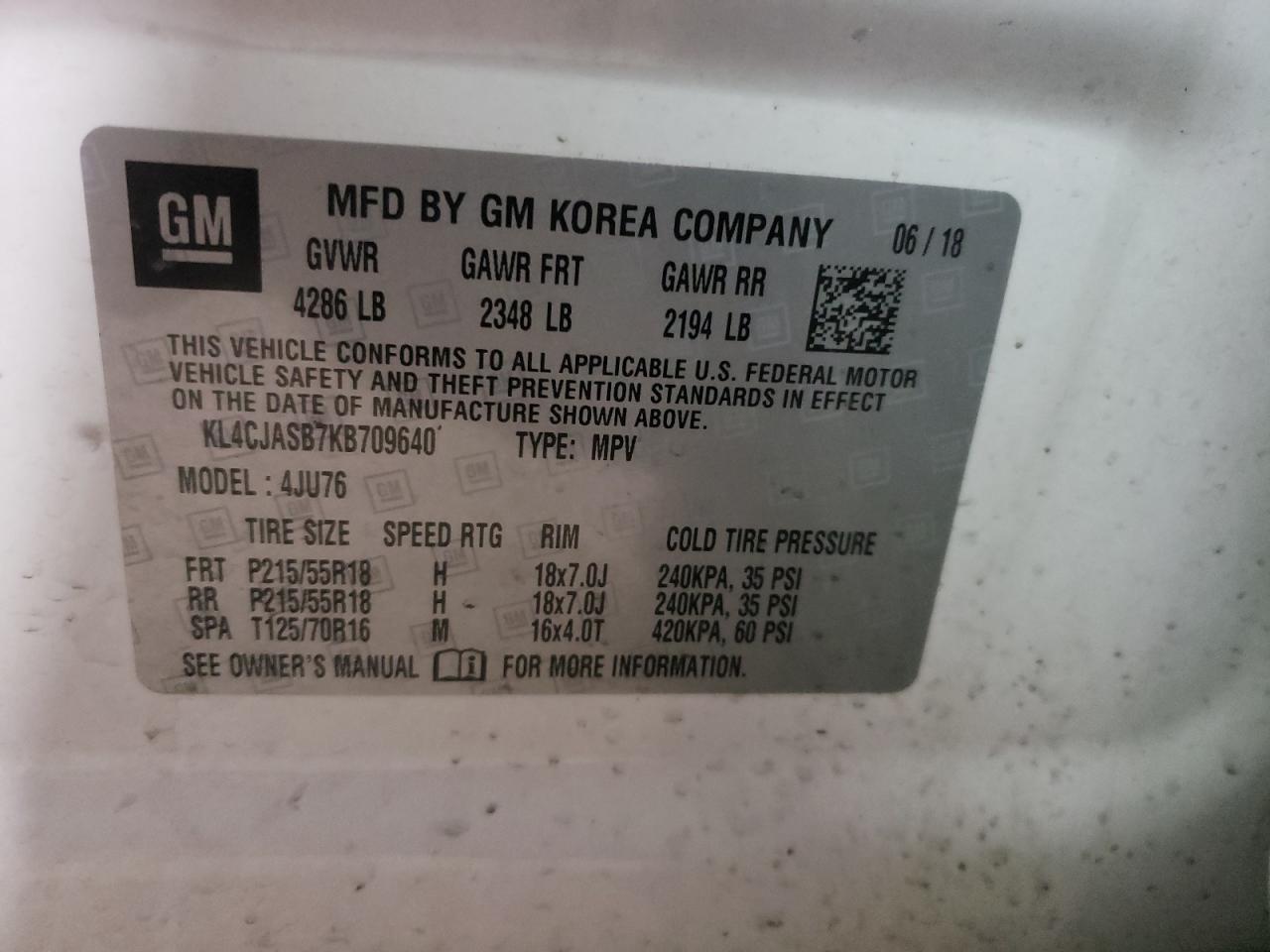 Photo 10 from auction – 2019 BUICK ENCORE PRE with VIN KL4CJASB7KB709640