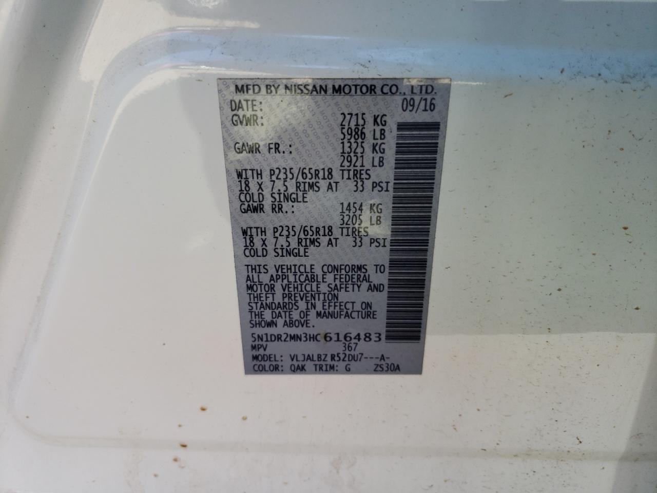Photo 10 from auction – 2017 NISSAN PATHFINDER with VIN 5N1DR2MN3HC616483