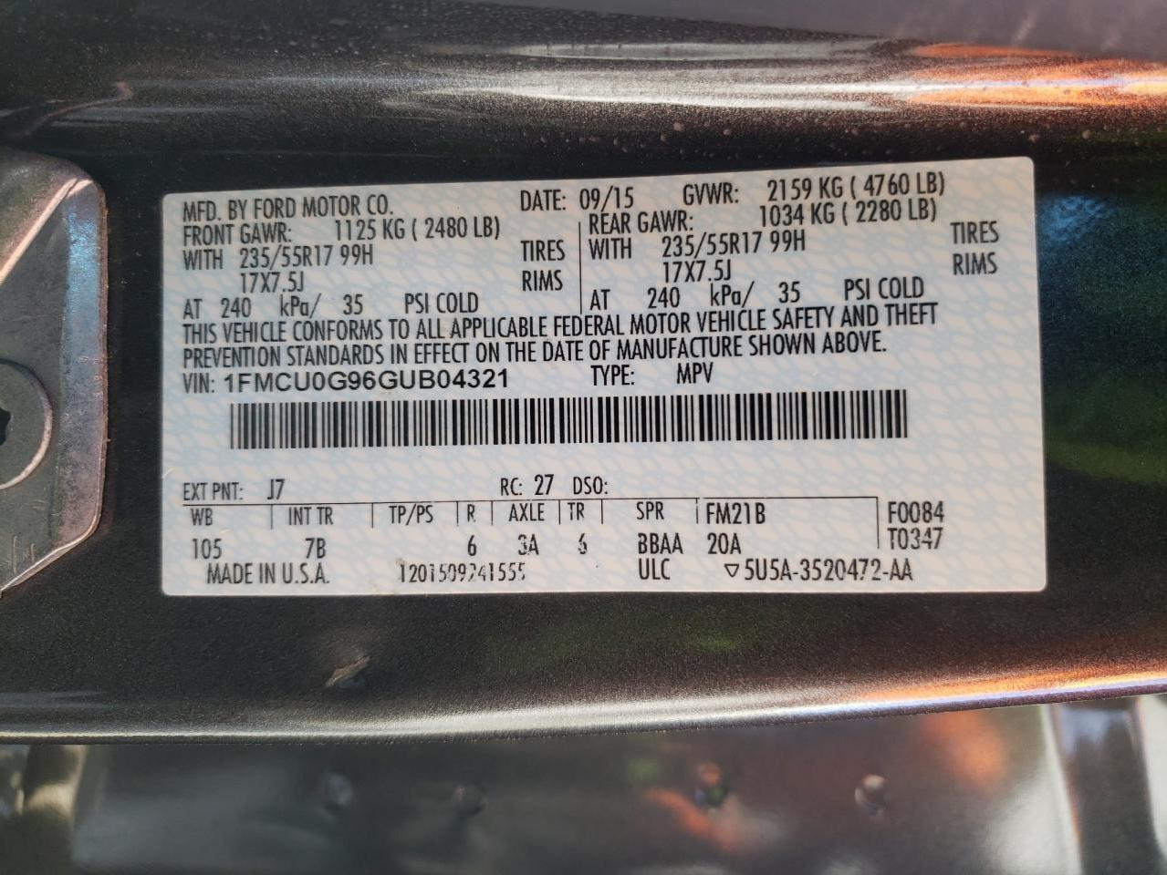 Zdjęcie 10 z aukcji – 2016 FORD ESCAPE SE z VIN 1FMCU0G96GUB04321