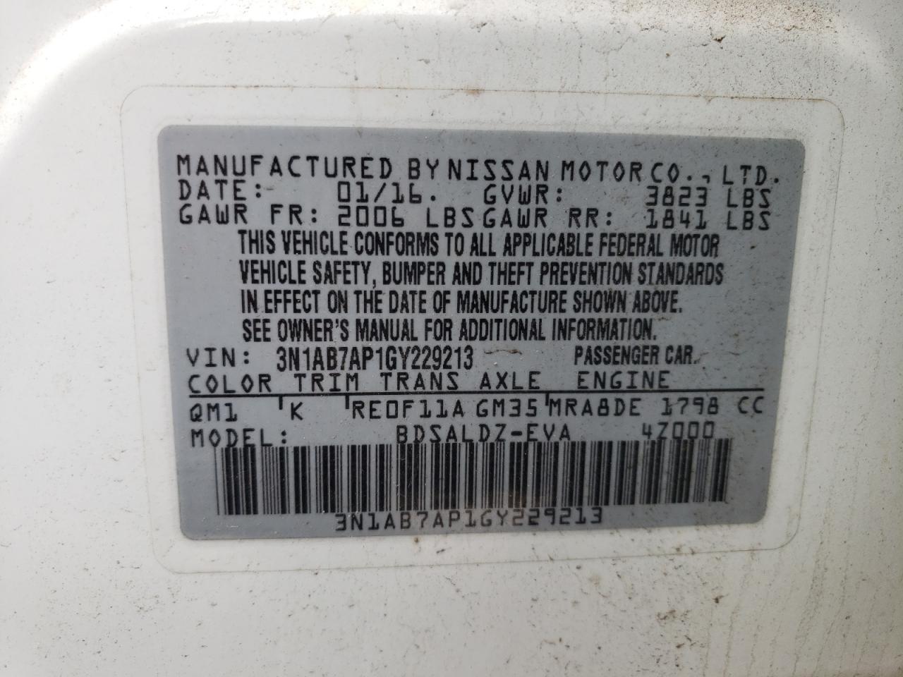 Photo 10 from auction – 2016 NISSAN SENTRA S with VIN 3N1AB7AP1GY229213