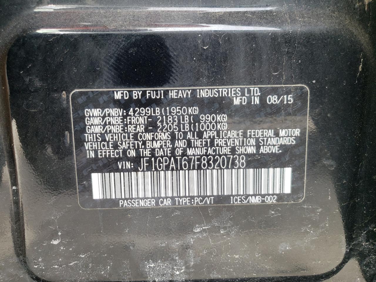 Photo 10 from auction – 2015 SUBARU IMPREZA SP with VIN JF1GPAT67F8320738