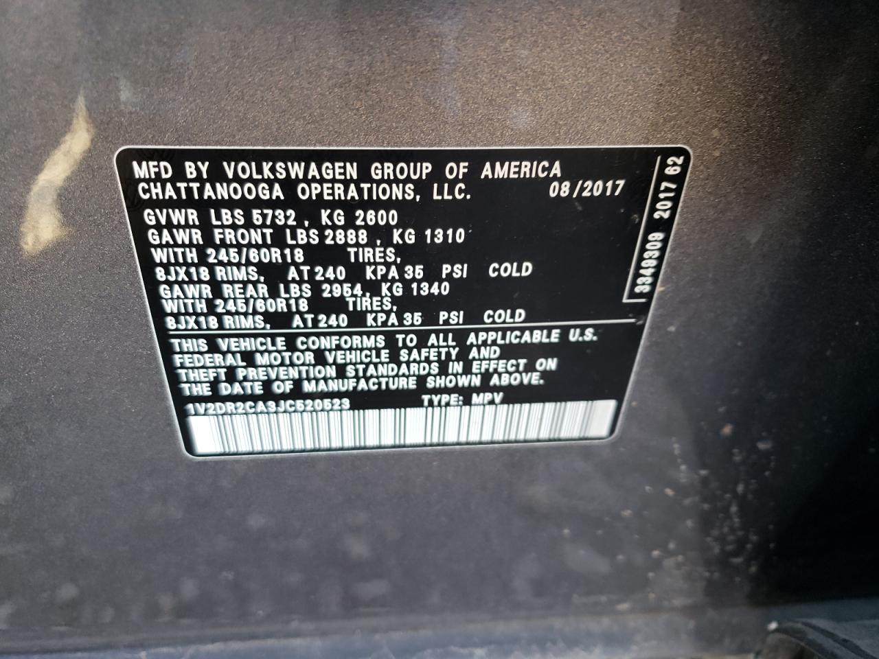Photo 10 from auction – 2018 VOLKSWAGEN ATLAS with VIN 1V2DR2CA3JC520523