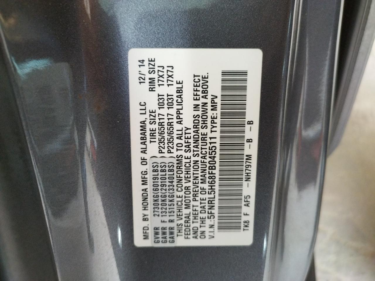 Photo 10 from auction – 2015 HONDA ODYSSEY EX with VIN 5FNRL5H68FB045511