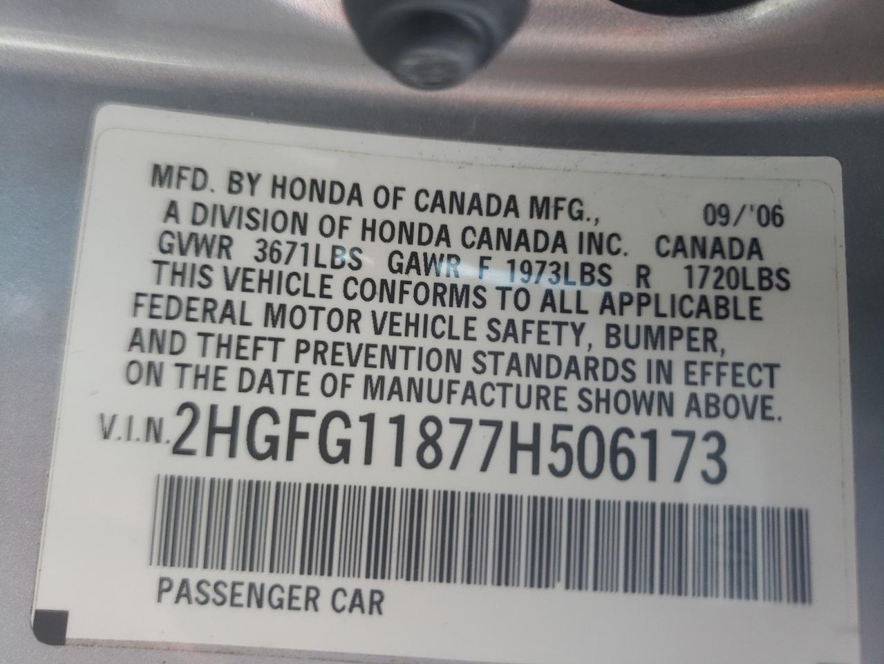 Photo 10 from auction – 2007 HONDA CIVIC EX with VIN 2HGFG11877H506173