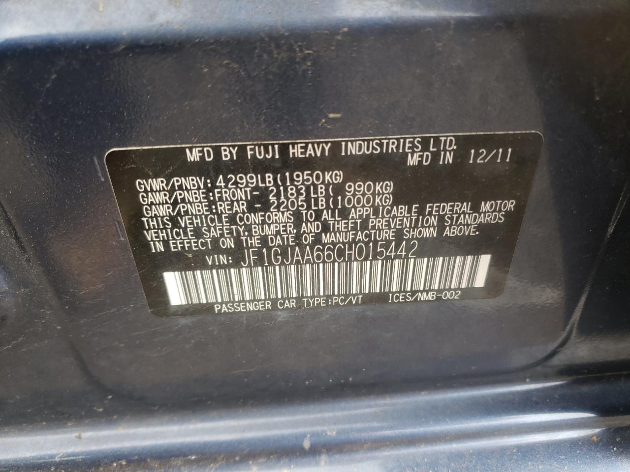 Photo 10 from auction – 2012 SUBARU IMPREZA with VIN JF1GJAA66CH015442