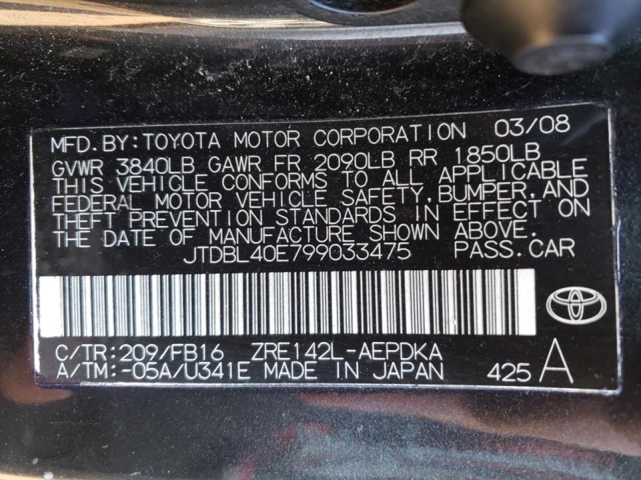 Photo 10 from auction – 2009 TOYOTA COROLLA BA with VIN JTDBL40E799033475