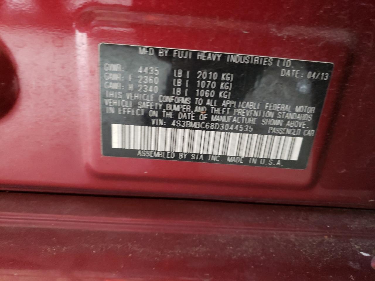 Photo 10 from auction – 2013 SUBARU LEGACY 2.5 with VIN 4S3BMBC68D3044535