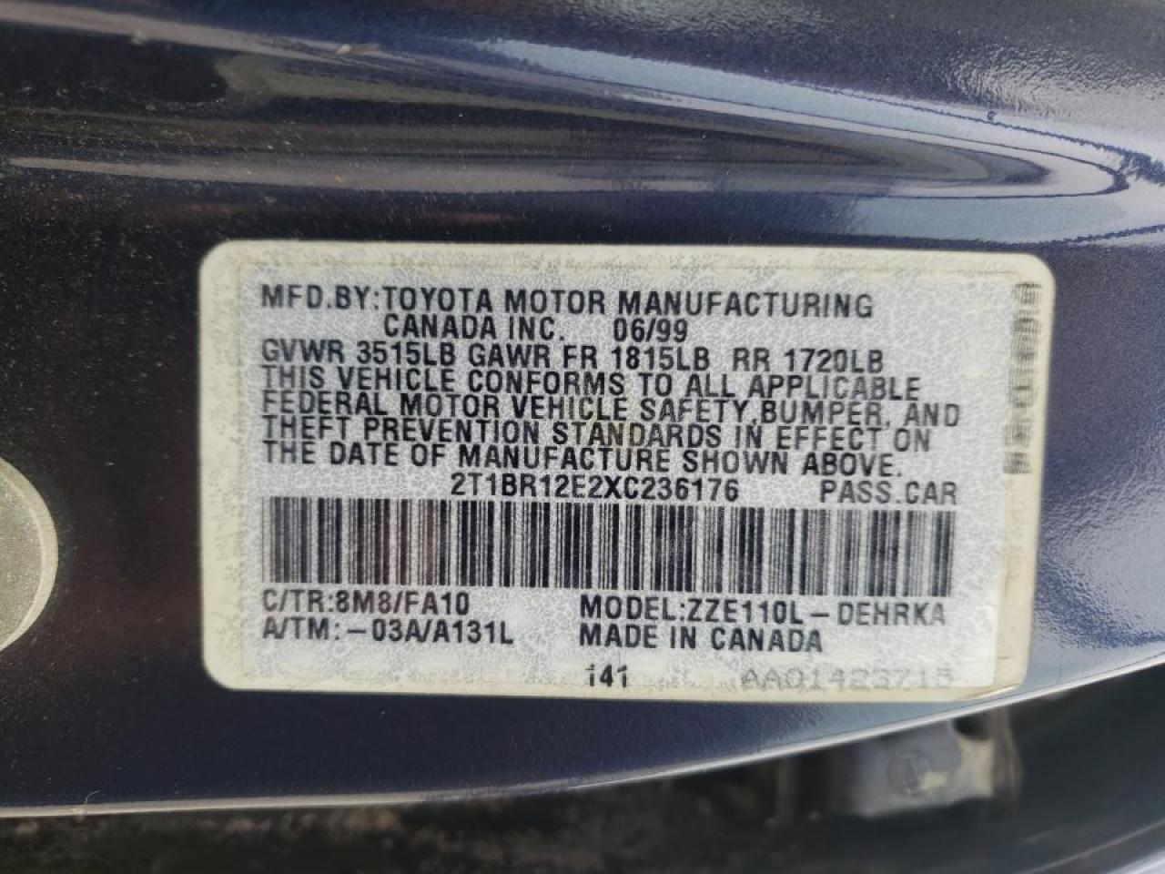 Photo 10 from auction – 1999 TOYOTA COROLLA VE with VIN 2T1BR12E2XC236176