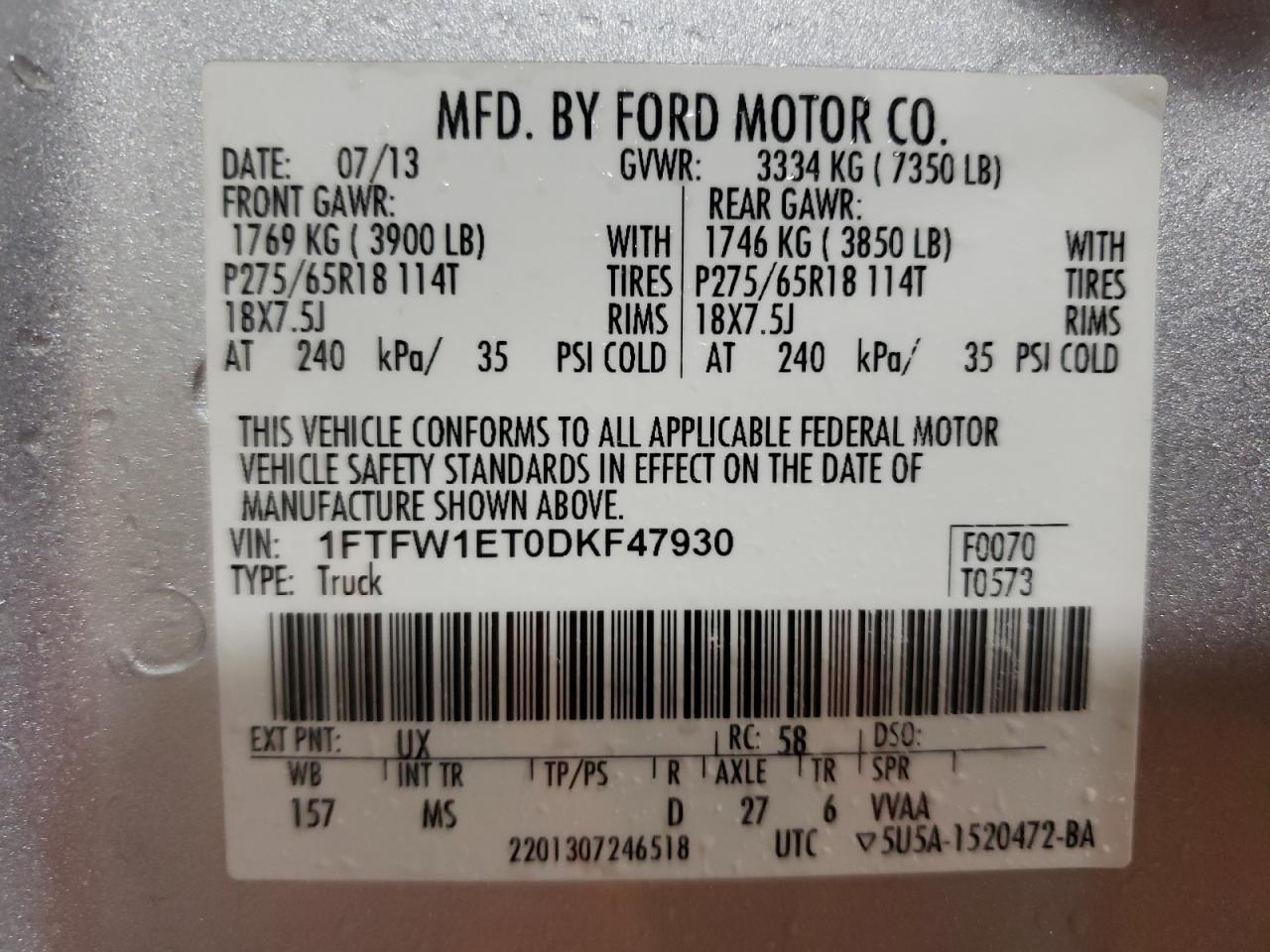Photo 10 from auction – 2013 FORD F150 SUPER with VIN 1FTFW1ET0DKF47930