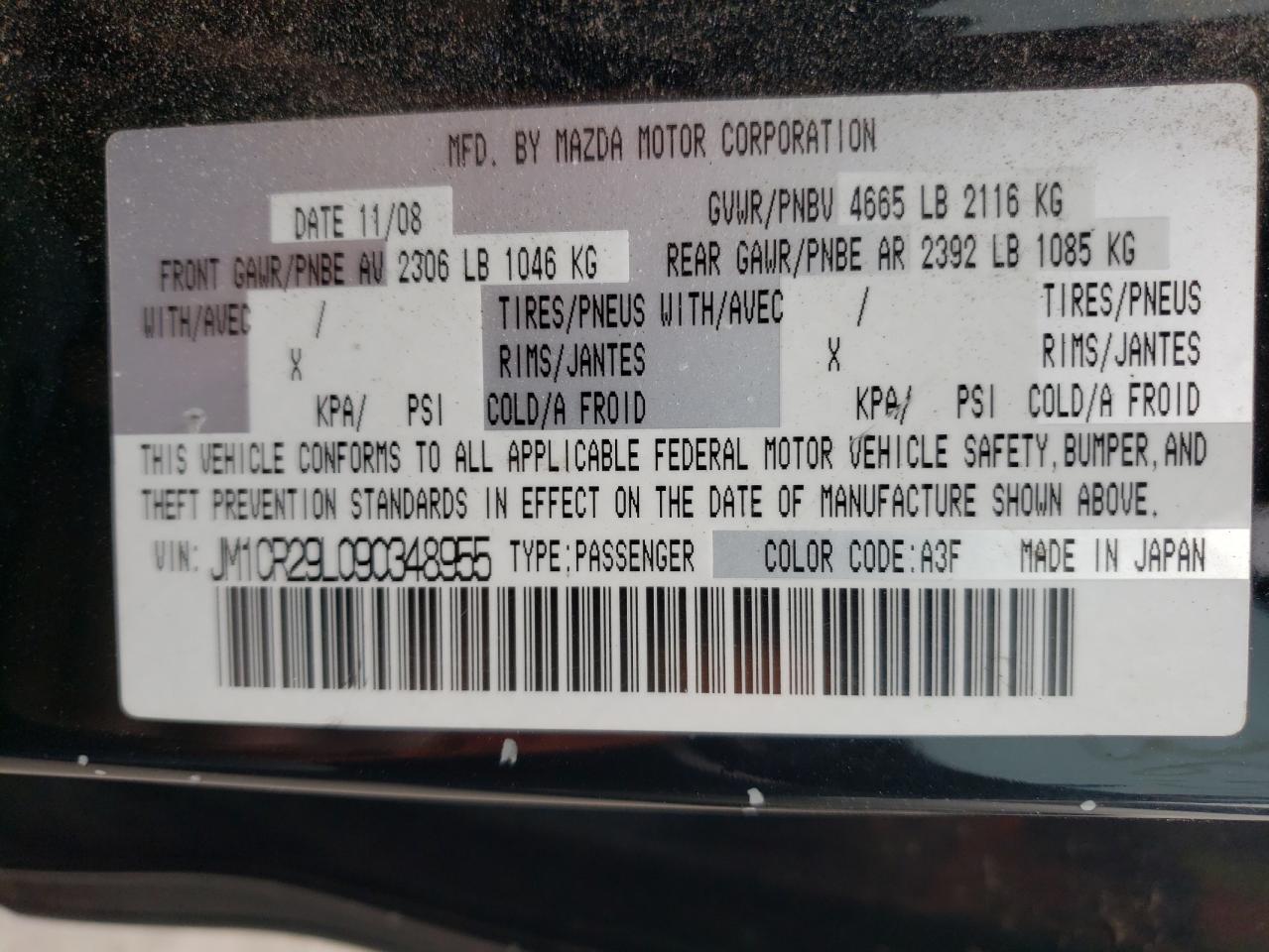 Photo 10 from auction – 2009 MAZDA 5 with VIN JM1CR29L090348955