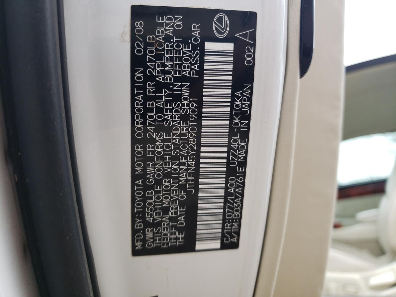 Photo 10 from auction – 2008 LEXUS SC 430 with VIN JTHFN45Y289019091