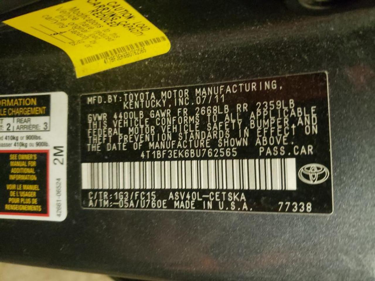 Photo 10 from auction – 2011 TOYOTA CAMRY BASE with VIN 4T1BF3EK6BU762565