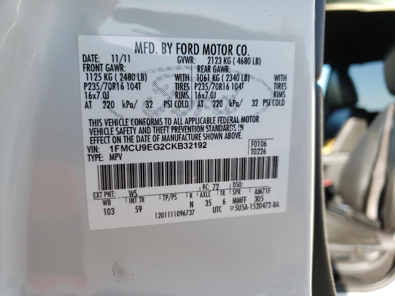 Photo 10 from auction – 2012 FORD ESCAPE LIM with VIN 1FMCU9EG2CKB32192