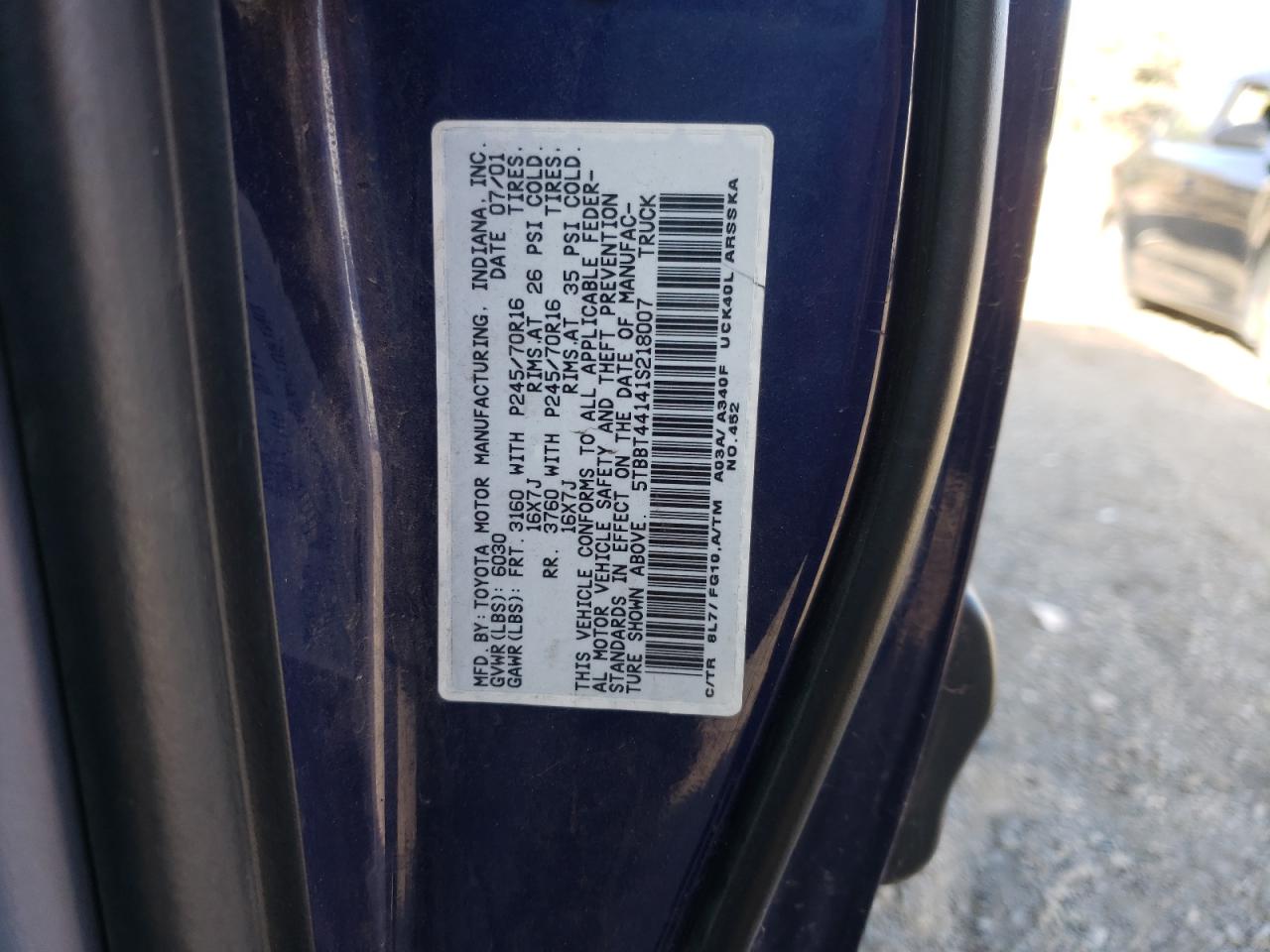 Photo 10 from auction – 2001 TOYOTA TUNDRA ACC with VIN 5TBBT44141S218007
