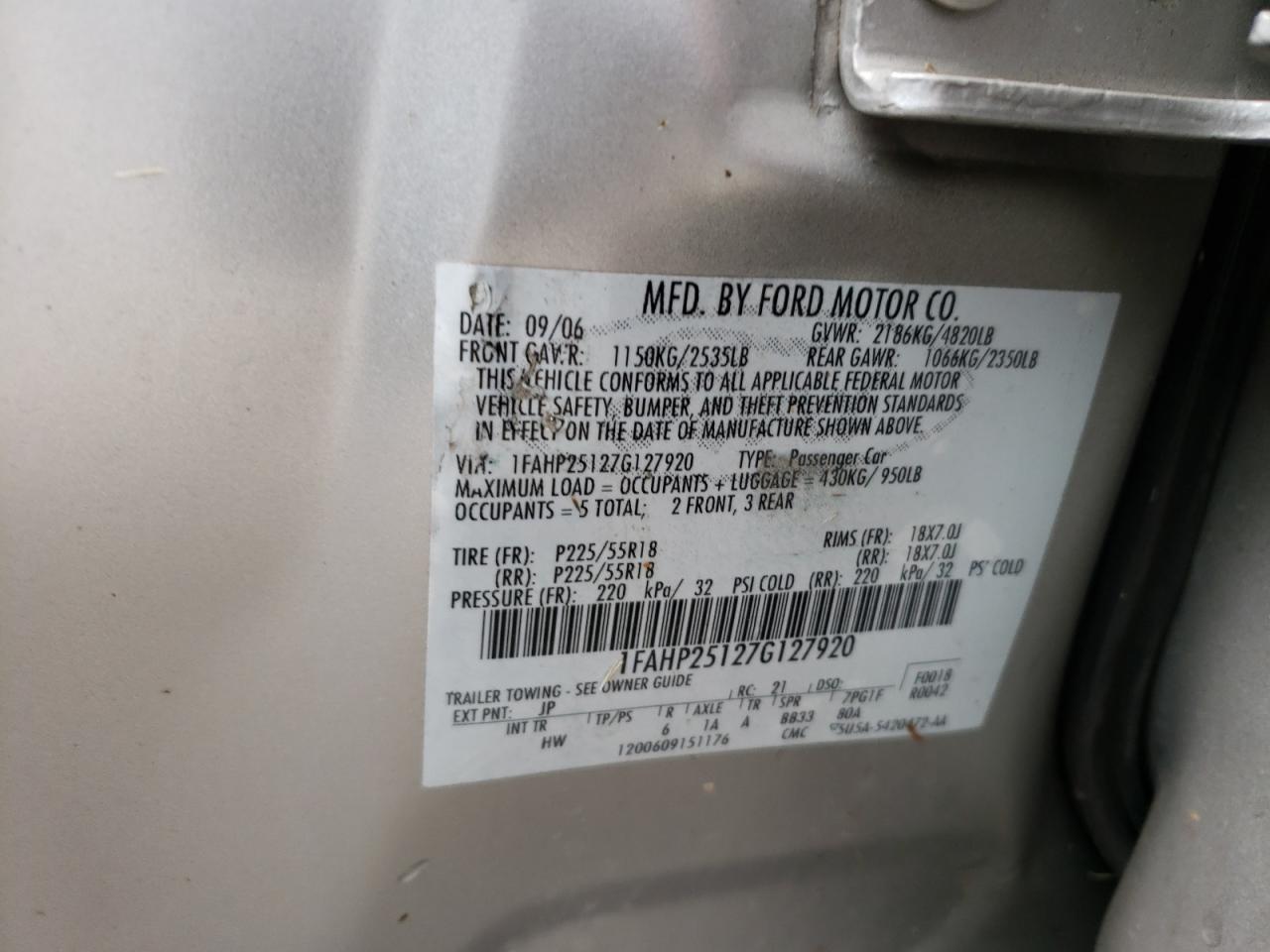 Photo 10 from auction – 2007 FORD FIVE HUNDR with VIN 1FAHP25127G127920