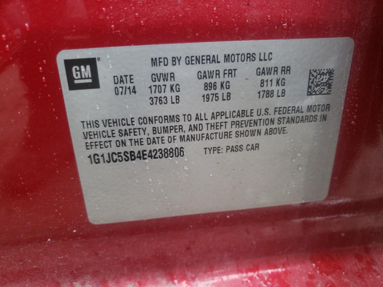 Photo 10 from auction – 2014 CHEVROLET SONIC LT with VIN 1G1JC5SB4E4238806