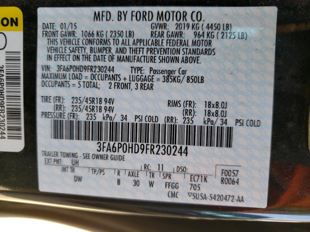 Photo 10 from auction – 2015 FORD FUSION SE with VIN 3FA6P0HD9FR230244