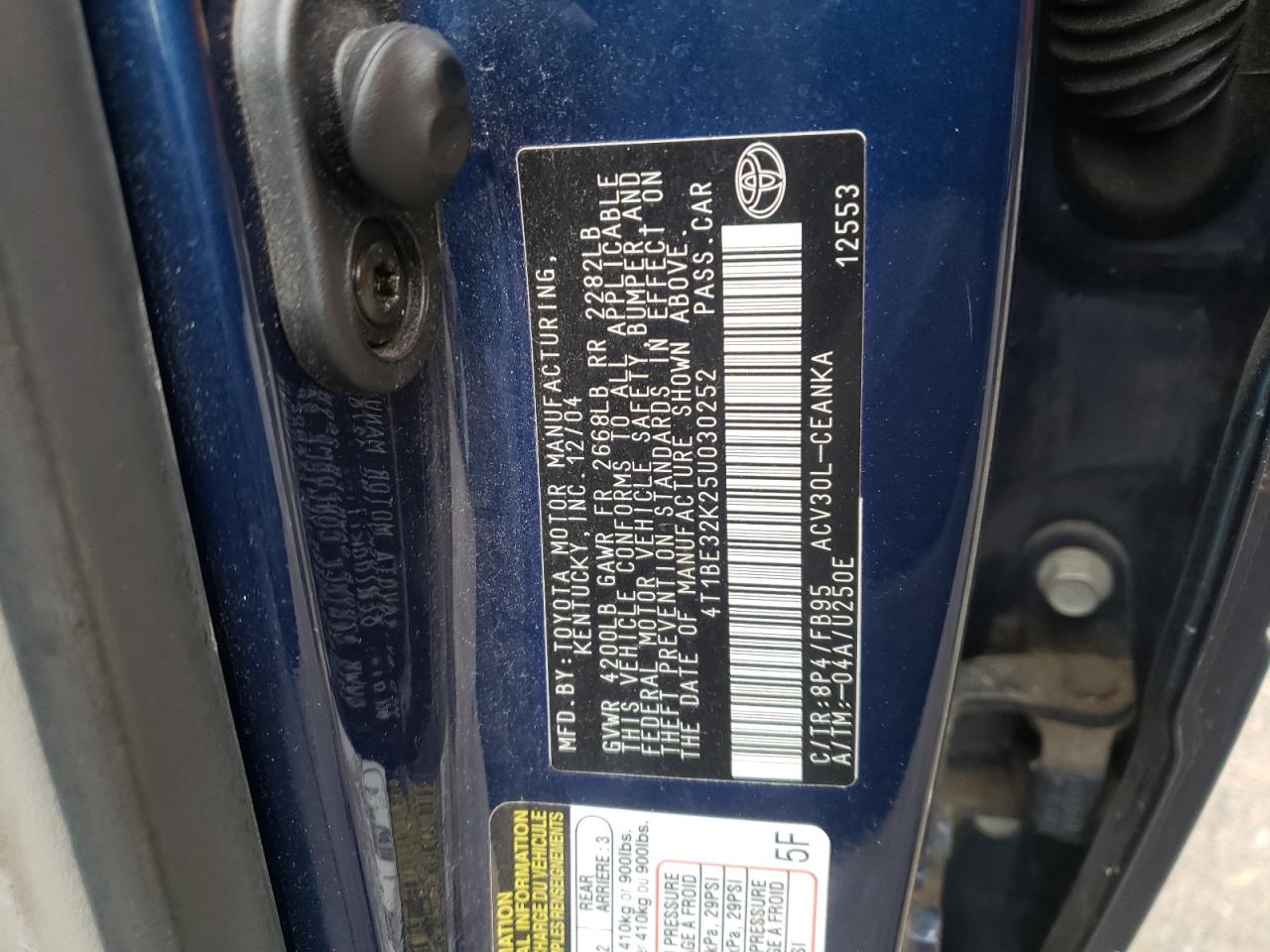 Photo 11 from auction – 2005 TOYOTA CAMRY LE with VIN 4T1BE32K25U030252