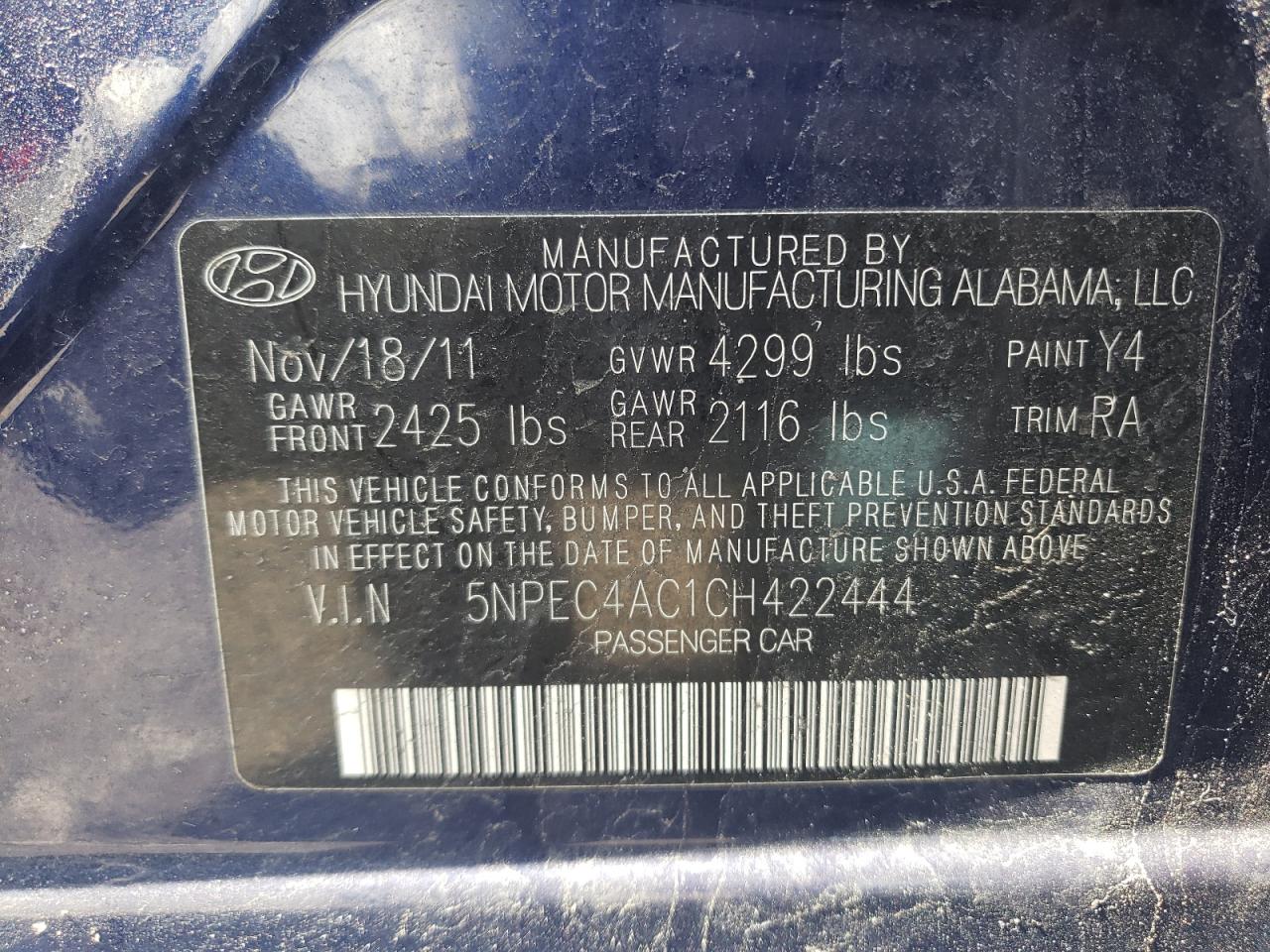 Foto 10 de la subasta – 2012 HYUNDAI SONATA SE con VIN 5NPEC4AC1CH422444