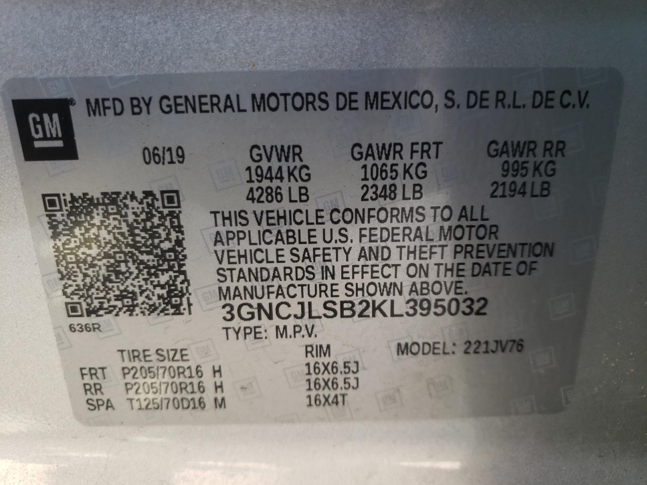 Photo 10 from auction – 2019 CHEVROLET TRAX 1LT with VIN 3GNCJLSB2KL395032