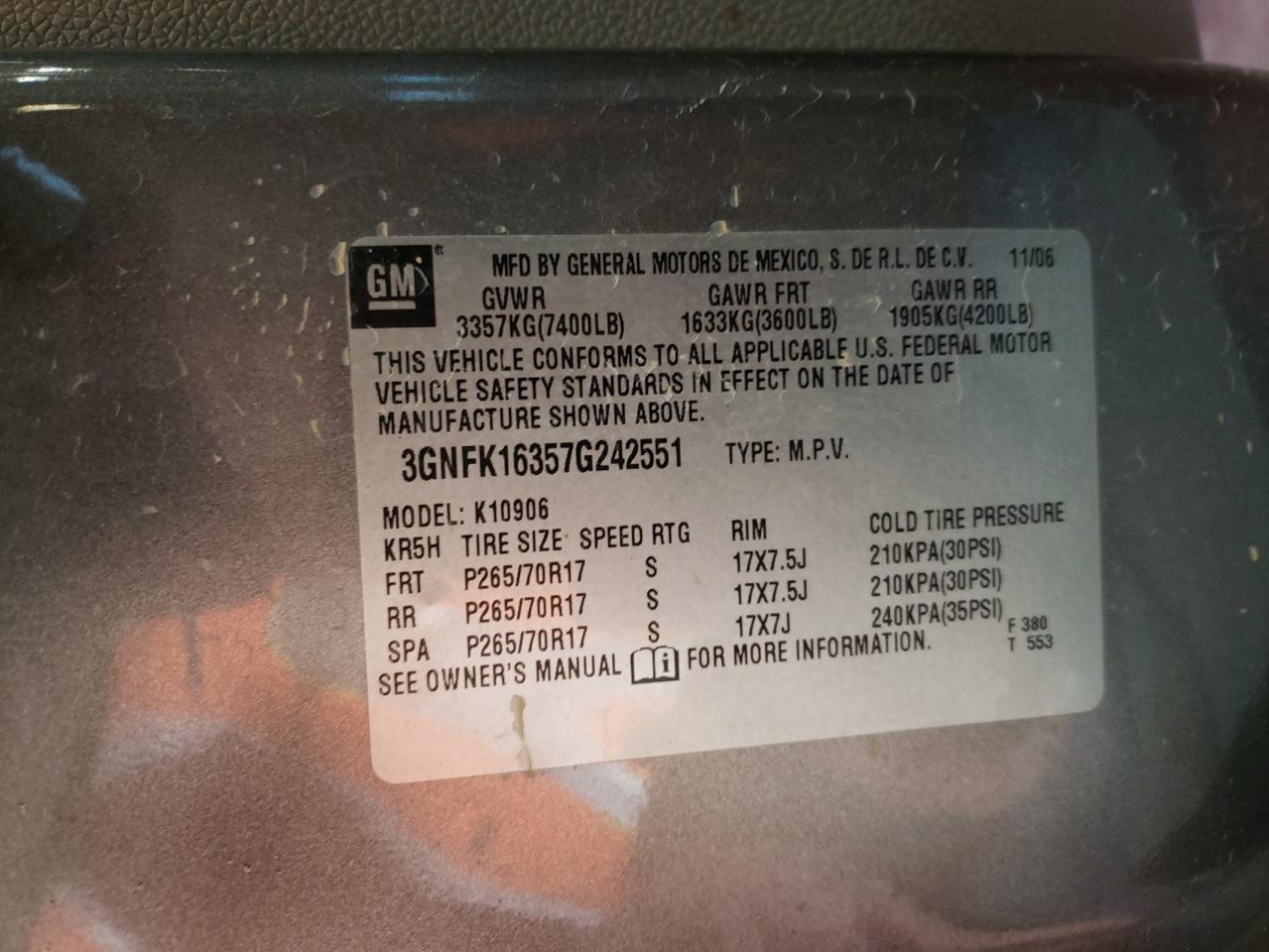 Photo 10 from auction – 2007 CHEVROLET SUBURBAN K with VIN 3GNFK16357G242551