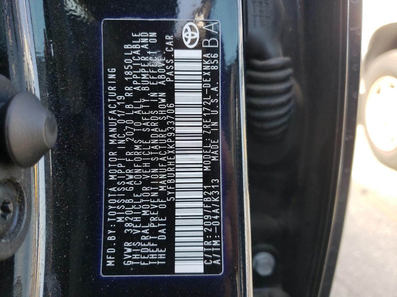 Photo 10 from auction – 2019 TOYOTA COROLLA L with VIN 5YFBURHEXKP933706