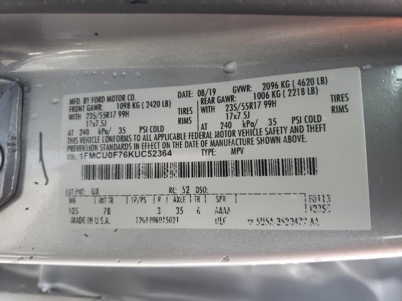 Photo 10 from auction – 2019 FORD ESCAPE S with VIN 1FMCU0F76KUC52364