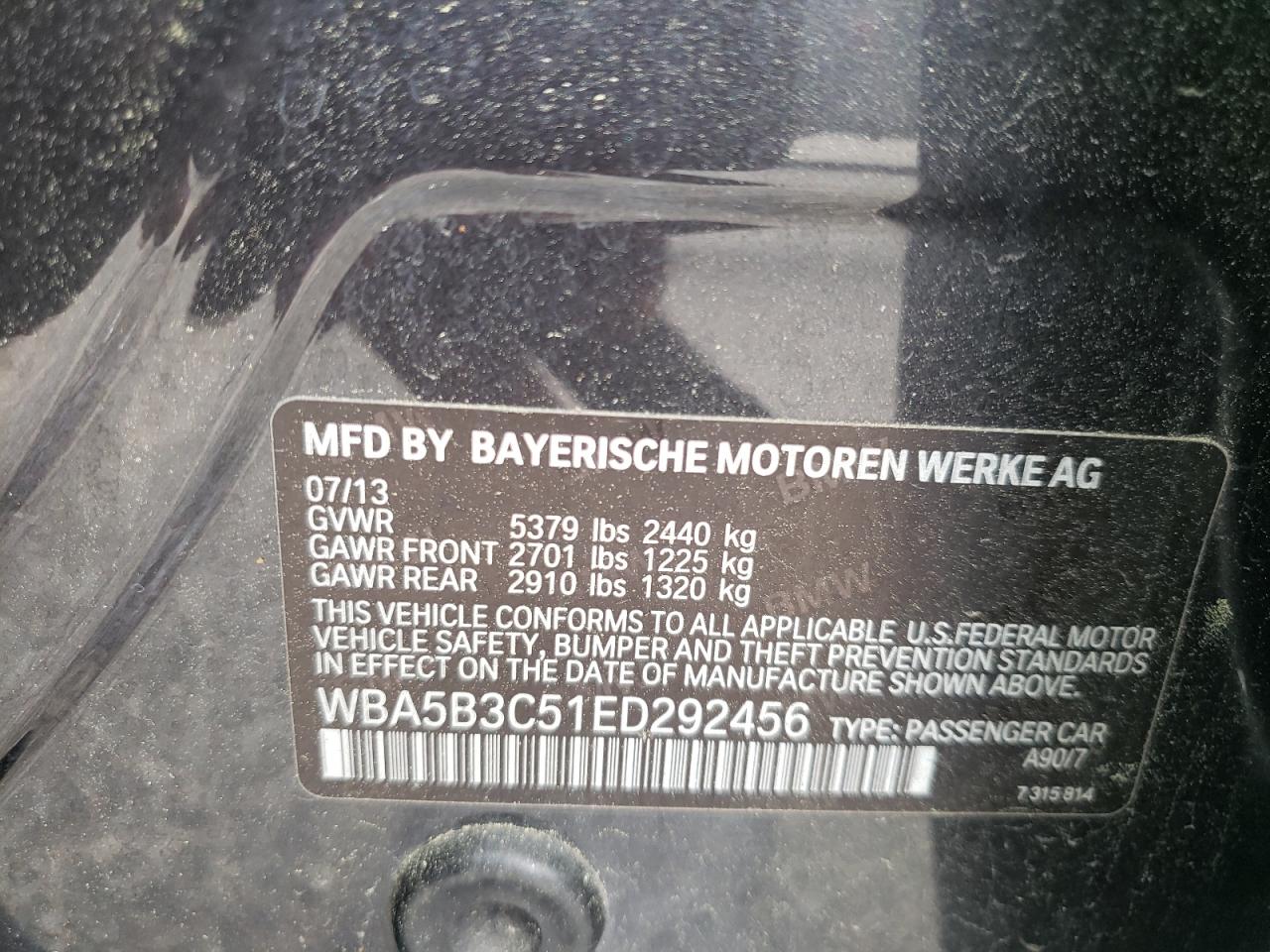 Photo 10 from auction – 2014 BMW 535 XI with VIN WBA5B3C51ED292456