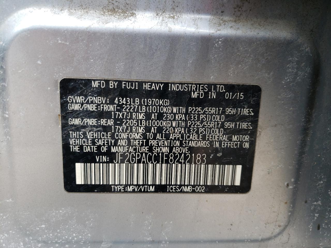 Photo 10 from auction – 2015 SUBARU XV CROSSTR with VIN JF2GPACC1F8242183