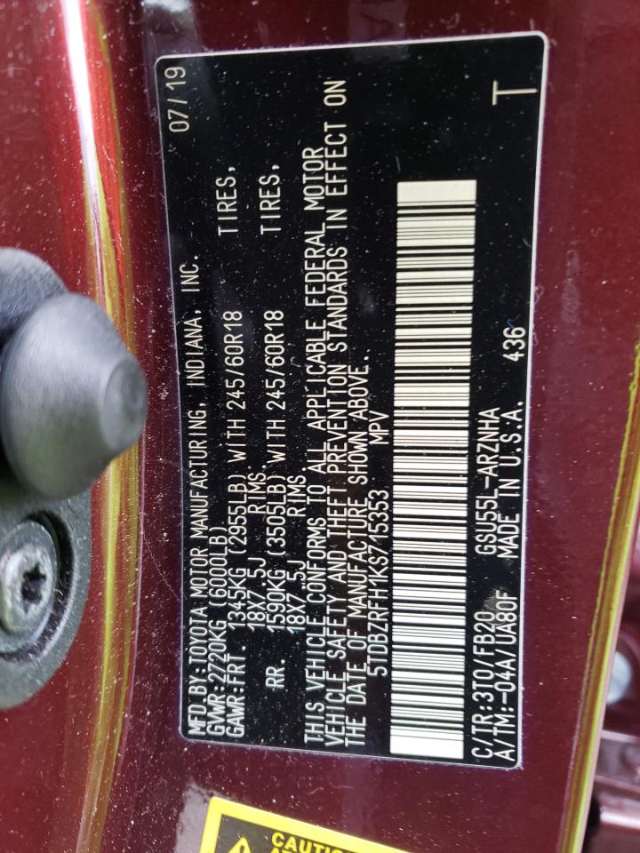 Photo 10 from auction – 2019 TOYOTA HIGHLANDER with VIN 5TDBZRFH1KS715353