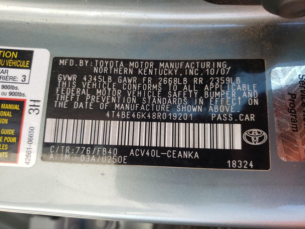 Photo 10 from auction – 2008 TOYOTA CAMRY CE with VIN 4T4BE46K48R019201