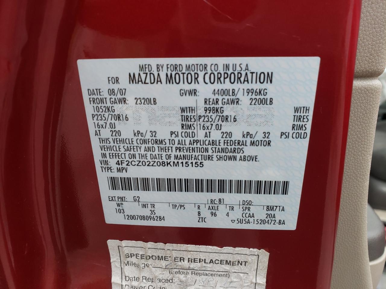 Photo 10 from auction – 2008 MAZDA TRIBUTE I with VIN 4F2CZ02Z08KM15155