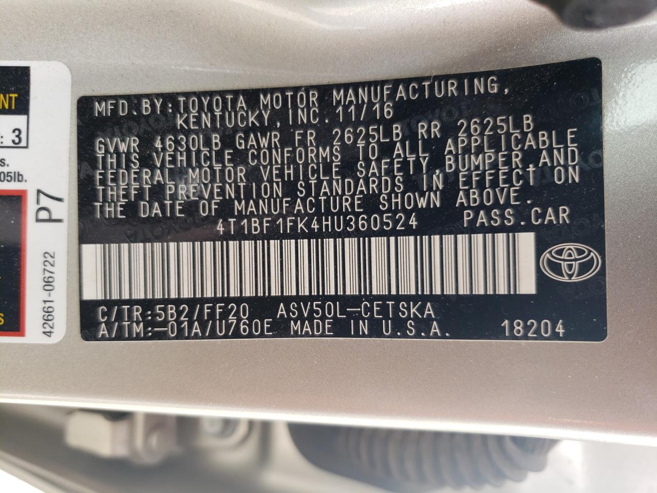 Photo 10 from auction – 2017 TOYOTA CAMRY LE with VIN 4T1BF1FK4HU360524