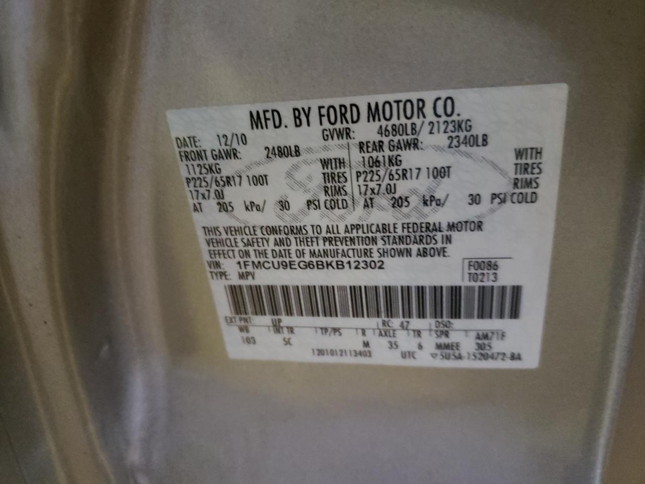 Photo 10 from auction – 2011 FORD ESCAPE with VIN 1FMCU9EG6BKB12302