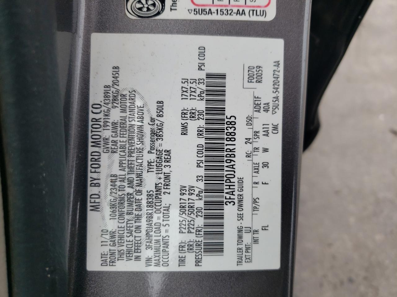 Photo 10 from auction – 2011 FORD FUSION SEL with VIN 3FAHP0JA9BR188385