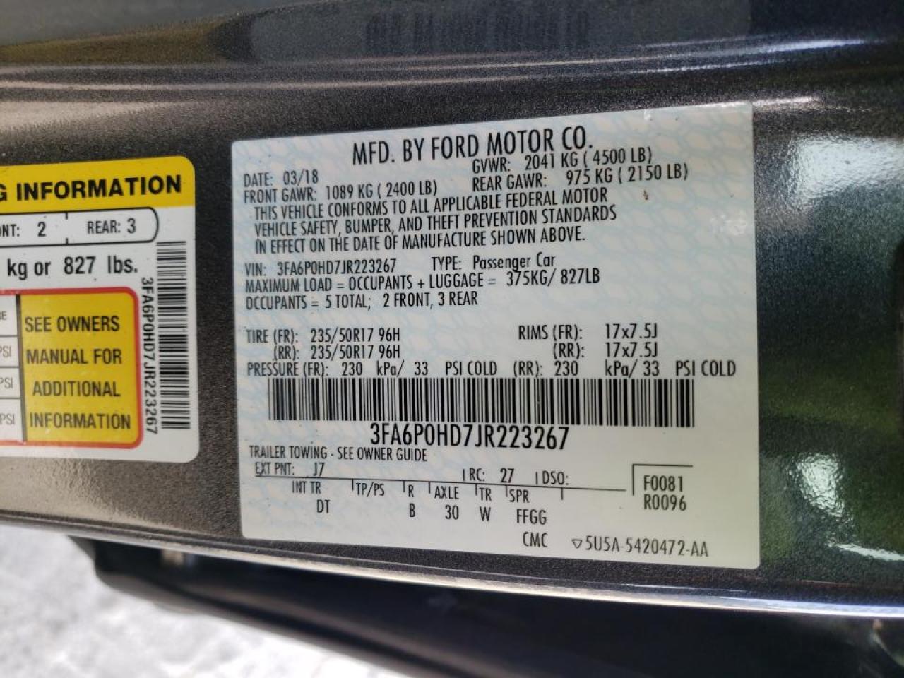 Photo 10 from auction – 2018 FORD FUSION SE with VIN 3FA6P0HD7JR223267