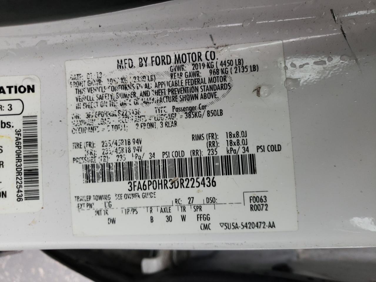 Photo 10 from auction – 2013 FORD FUSION SE with VIN 3FA6P0HR3DR225436