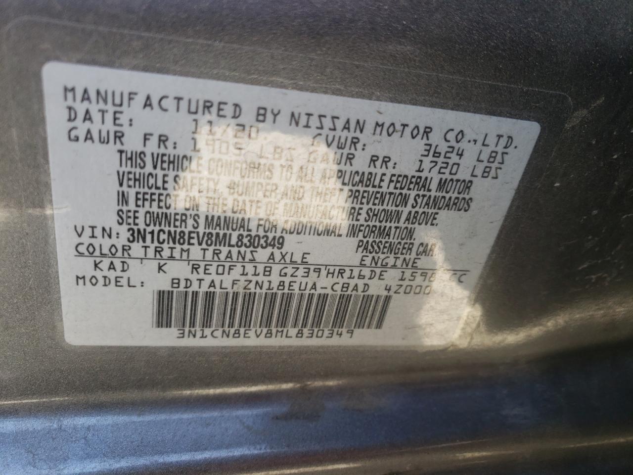 Photo 10 from auction – 2021 NISSAN VERSA SV with VIN 3N1CN8EV8ML830349